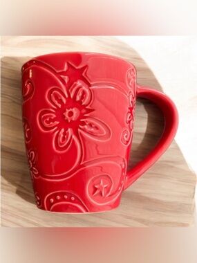 Starbucks Red New Bone China Mug Embossed Flower Star Oblong Tall Coffee Tea 09